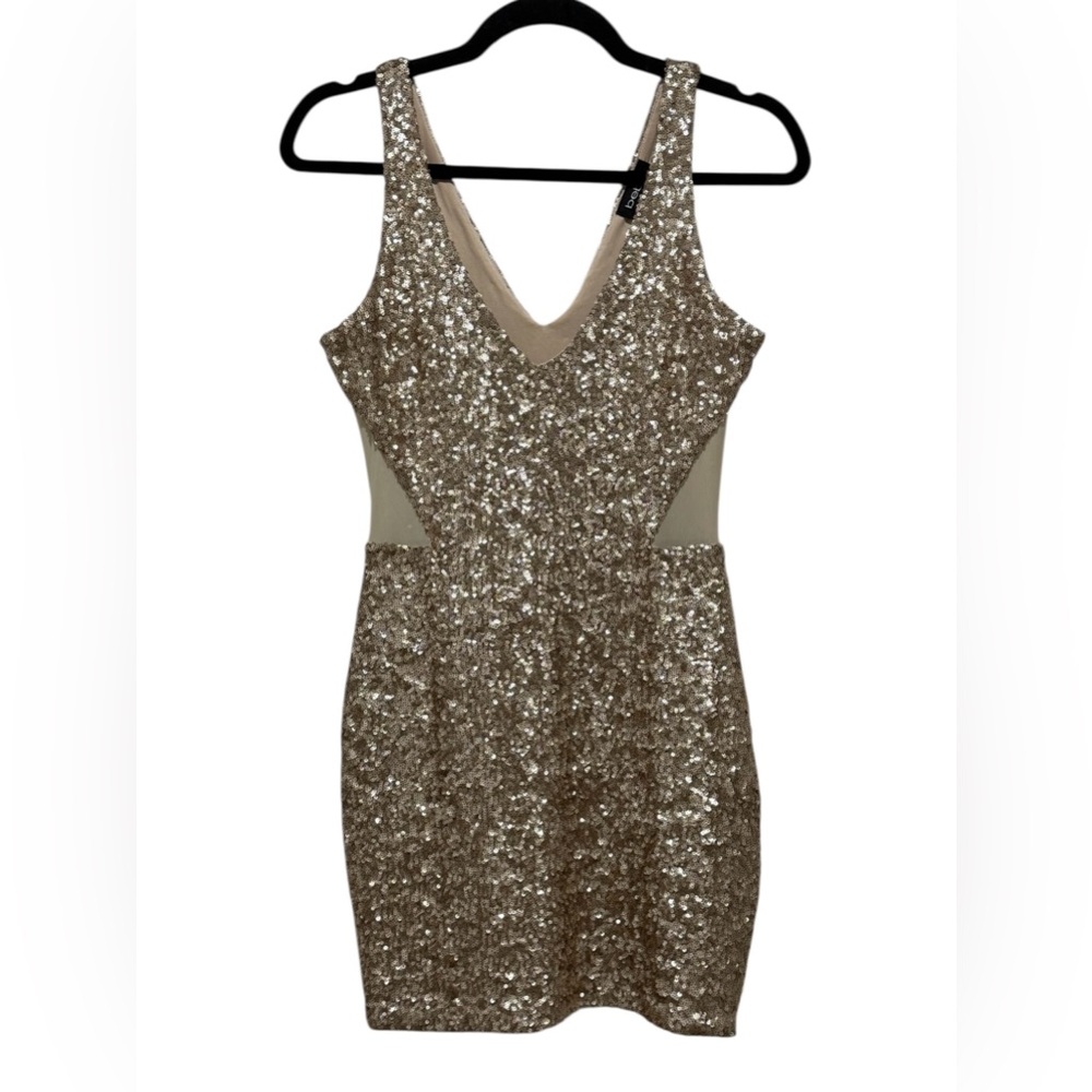 Bebe, gold sequin dress with sheer side cut-outs. Size small.